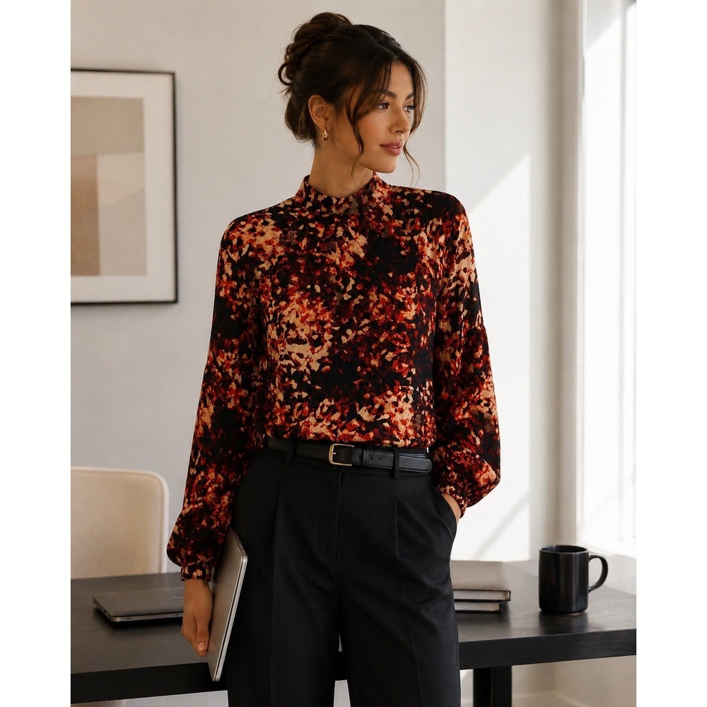 Abstract Print High Neck Balloon Sleeve Blouse Workwear Office Boho Top Prologue